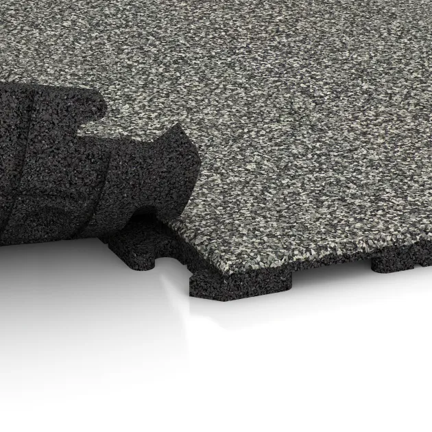 Großaufnahme vom Verbindungssystem von WARCO-Boden 1571 - Playground flooring im Farbdesign Gray Granite. Abmessungen 1000 x 1000 x 30 mm.