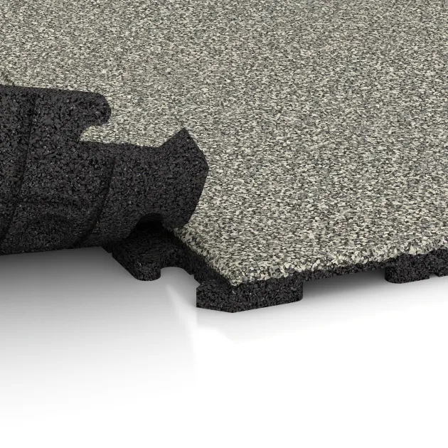 Großaufnahme vom Verbindungssystem von WARCO-Boden 1572 - Playground flooring im Farbdesign Light Granite. Abmessungen 1000 x 1000 x 30 mm.