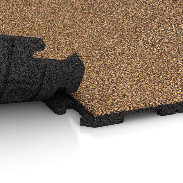 Großaufnahme vom Verbindungssystem von WARCO-Boden 5772 - Event Floor im Farbdesign Rattan Lounge. Abmessungen 1000 x 1000 x 30 mm.