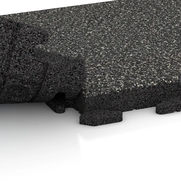 Großaufnahme vom Verbindungssystem von WARCO-Boden 1427 - Terrace tile Classic im Farbdesign Dark Grey Granite. Abmessungen 500 x 500 x 50 mm.