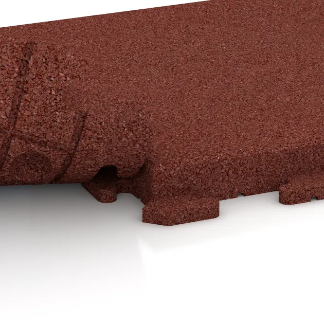 Großaufnahme vom Verbindungssystem von WARCO-Boden 1472 - Terrace tile Classic im Farbdesign Brick red. Abmessungen 500 x 500 x 50 mm.