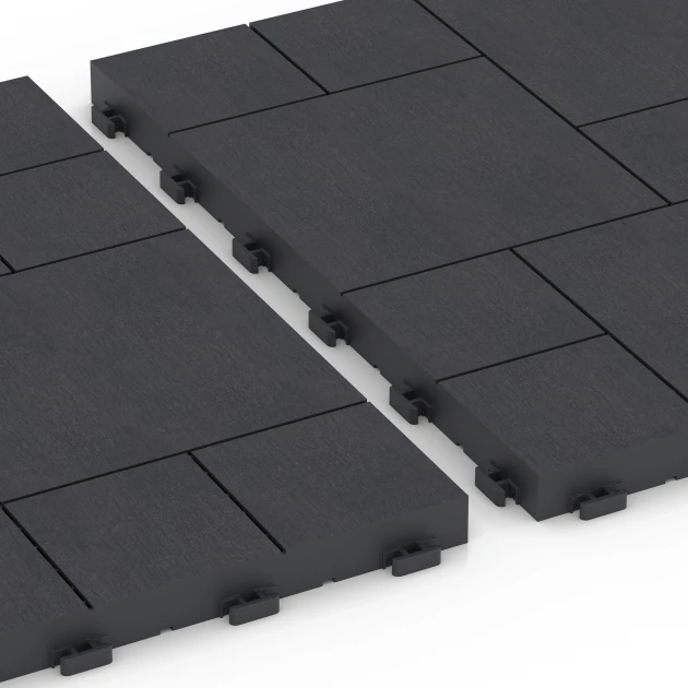 Großaufnahme vom Verbindungssystem von WARCO-Boden 6329 - Block Pattern – Deck Tile im Farbdesign Slate. Abmessungen 38,5 x 38,5 x 2 cm.