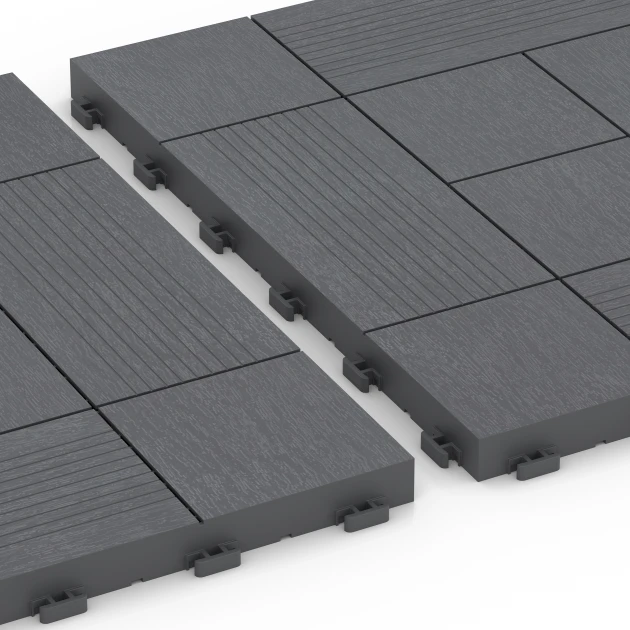 Großaufnahme vom Verbindungssystem von WARCO-Boden 6237 - Panel Pattern – Deck Tile im Farbdesign Silver Grey. Abmessungen 38,5 x 38,5 x 2 cm.