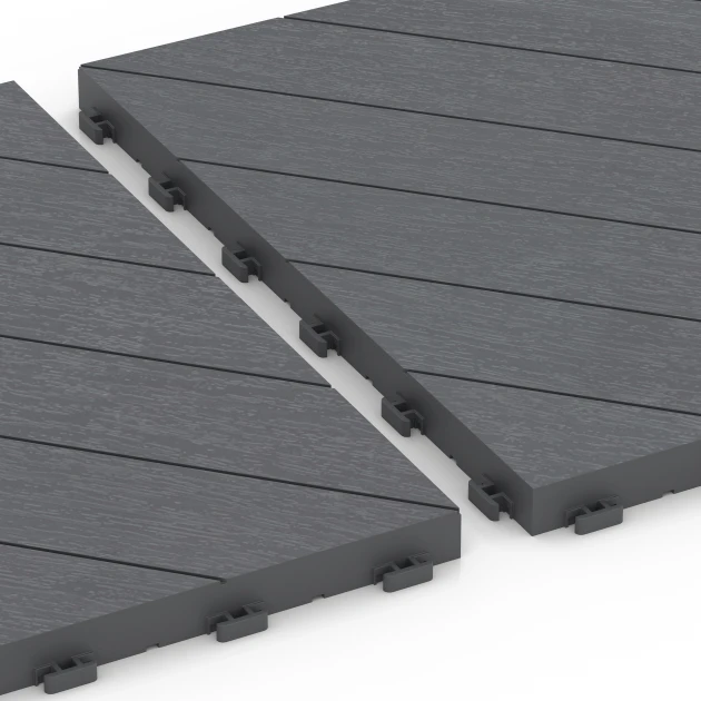 Großaufnahme vom Verbindungssystem von WARCO-Boden 6326 - Herringbone – Deck Tile im Farbdesign Silver Grey. Abmessungen 38,5 x 38,5 x 2 cm.