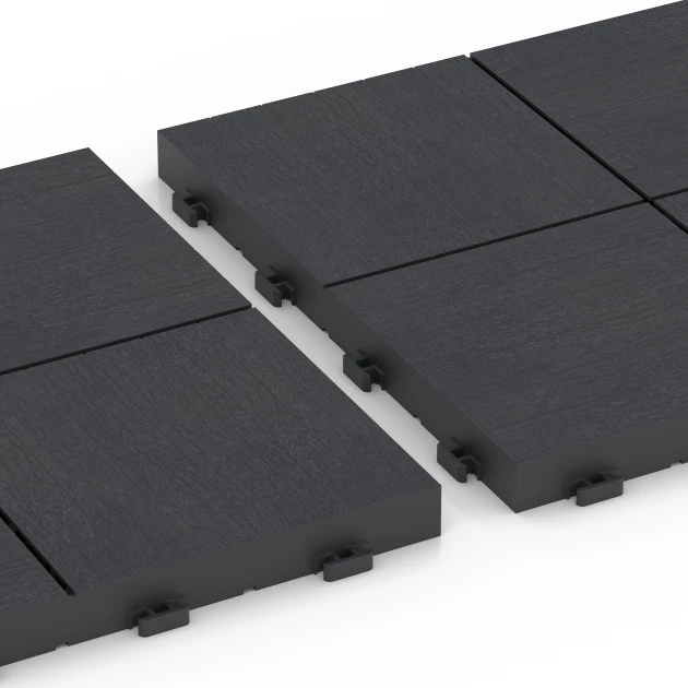 Großaufnahme vom Verbindungssystem von WARCO-Boden 6347 - Mosaic – Deck Tile im Farbdesign Slate. Abmessungen 30 x 30 x 2 cm.