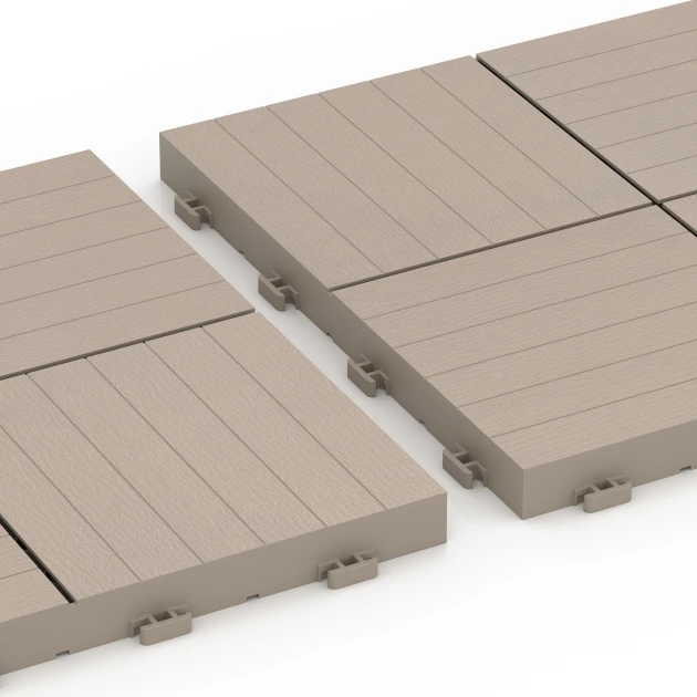 Großaufnahme vom Verbindungssystem von WARCO-Boden 6351 - Mosaic – Deck Tile im Farbdesign Vanilla. Abmessungen 30 x 30 x 2 cm.