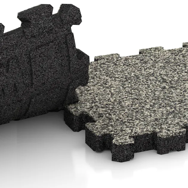 Großaufnahme vom Verbindungssystem von WARCO-Boden 4269 - Rubber click tile im Farbdesign Light Granite. Abmessungen 306 x 306 x 30 mm.