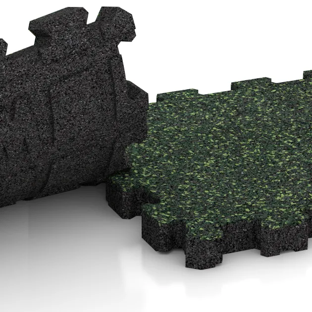 Großaufnahme vom Verbindungssystem von WARCO-Boden 4275 - Rubber click tile im Farbdesign English Lawn. Abmessungen 306 x 306 x 30 mm.