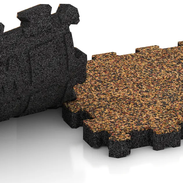 Großaufnahme vom Verbindungssystem von WARCO-Boden 4270 - Rubber click tile im Farbdesign Terra Cotta. Abmessungen 306 x 306 x 30 mm.