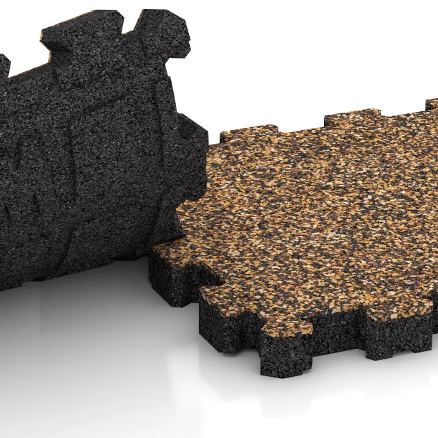 Großaufnahme vom Verbindungssystem von WARCO-Boden 4276 - Rubber click tile im Farbdesign Bark & Bast. Abmessungen 306 x 306 x 30 mm.