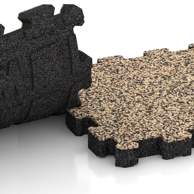 Großaufnahme vom Verbindungssystem von WARCO-Boden 4258 - Rubber click tile im Farbdesign Travertine. Abmessungen 306 x 306 x 30 mm.