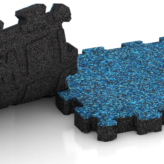 Großaufnahme vom Verbindungssystem von WARCO-Boden 5420 - Rubber click tile im Farbdesign Atlantic. Abmessungen 306 x 306 x 30 mm.