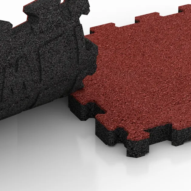 Großaufnahme vom Verbindungssystem von WARCO-Boden 4254 - Rubber click tile im Farbdesign Coral Red. Abmessungen 306 x 306 x 30 mm.