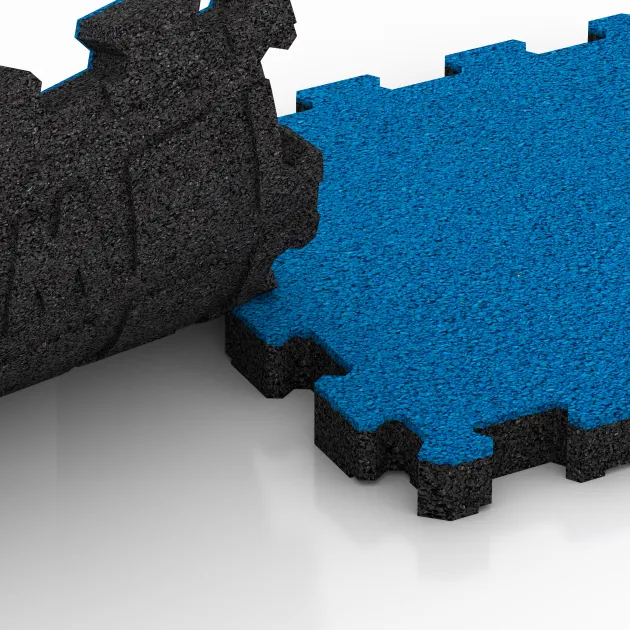 Großaufnahme vom Verbindungssystem von WARCO-Boden 4257 - Rubber click tile im Farbdesign Sky Blue. Abmessungen 306 x 306 x 30 mm.