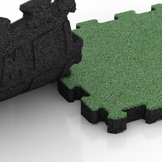 Großaufnahme vom Verbindungssystem von WARCO-Boden 4255 - Rubber click tile im Farbdesign Pale Green. Abmessungen 306 x 306 x 30 mm.