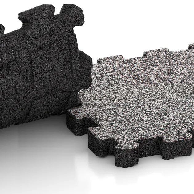 Großaufnahme vom Verbindungssystem von WARCO-Boden 4456 - Rubber click tile im Farbdesign Grey Melange. Abmessungen 306 x 306 x 30 mm.