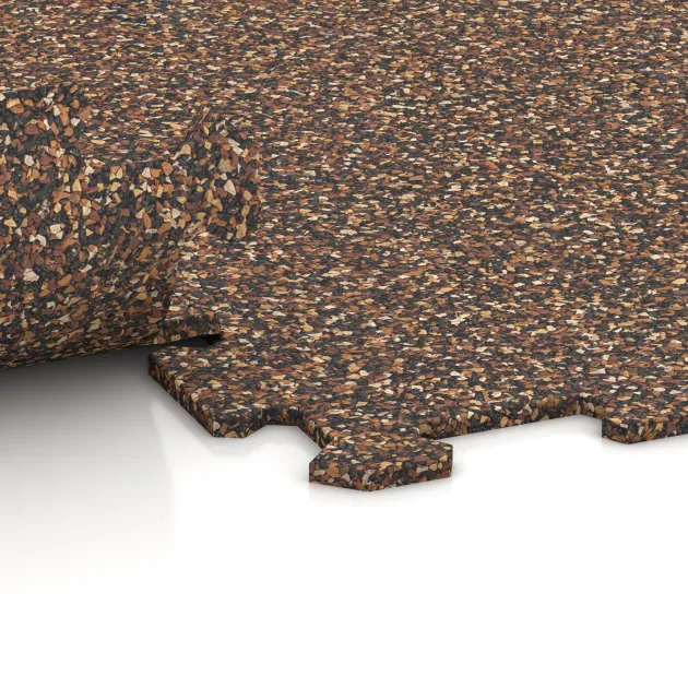 Großaufnahme vom Verbindungssystem von WARCO-Boden 1024 - Fitness Floor Compact im Farbdesign Bark & Bast. Abmessungen 970 x 970 x 8 mm.