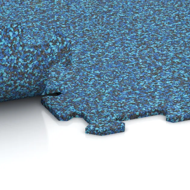 Großaufnahme vom Verbindungssystem von WARCO-Boden 1029 - Fitness Floor Compact im Farbdesign Atlantic. Abmessungen 970 x 970 x 8 mm.