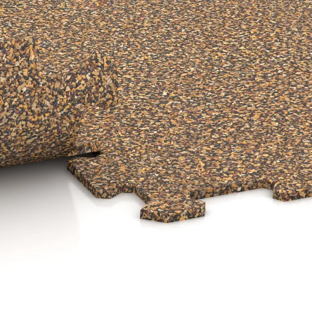 Großaufnahme vom Verbindungssystem von WARCO-Boden 1032 - Fitness Floor Compact im Farbdesign Rattan Lounge. Abmessungen 970 x 970 x 8 mm.