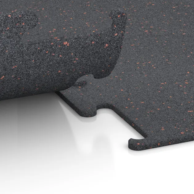 Großaufnahme vom Verbindungssystem von WARCO-Boden 3753 - Fitness Performance Elite Training Floor im Farbdesign Light Red Speckled. Abmessungen 1000 x 1000 x 10 mm.