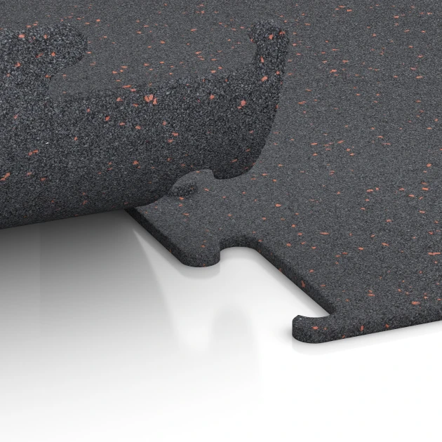 Großaufnahme vom Verbindungssystem von WARCO-Boden 3753 - Fitness Performance Elite Training Floor im Farbdesign Light Red Speckled. Abmessungen 100 x 100 x 1 cm | 1,00 m².