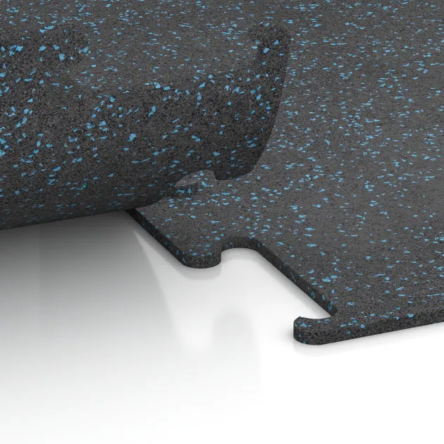 Großaufnahme vom Verbindungssystem von WARCO-Boden 3754 - Fitness Performance Elite Training Floor im Farbdesign Light Blue Speckled. Abmessungen 1000 x 1000 x 10 mm.