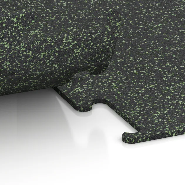 Großaufnahme vom Verbindungssystem von WARCO-Boden 3755 - Fitness Performance Elite Training Floor im Farbdesign Light Green Speckled. Abmessungen 1000 x 1000 x 10 mm.