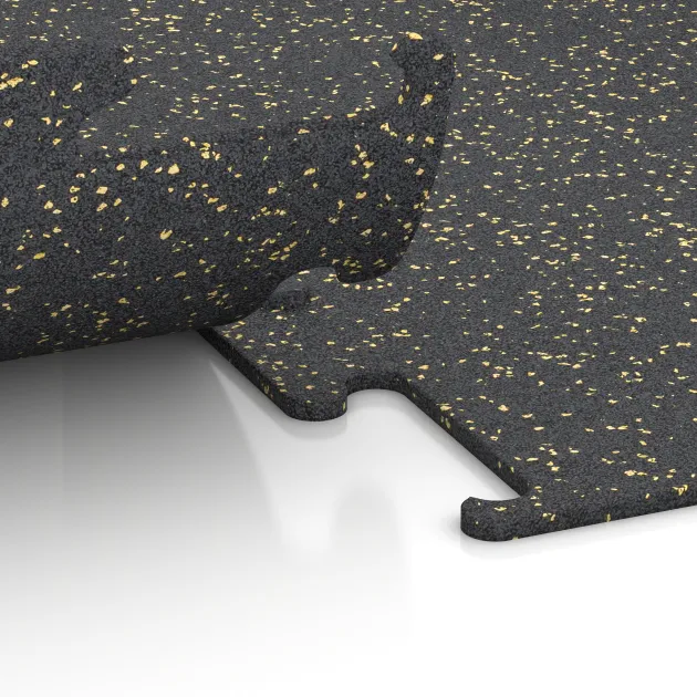 Großaufnahme vom Verbindungssystem von WARCO-Boden 3752 - Fitness Performance Elite Training Floor im Farbdesign Light Yellow Speckled. Abmessungen 1000 x 1000 x 10 mm.