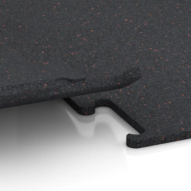 Großaufnahme vom Verbindungssystem von WARCO-Boden 3757 - Fitness Performance Elite Training Floor im Farbdesign Light Red Speckled. Abmessungen 1000 x 1000 x 15 mm.
