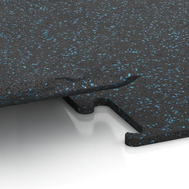 Großaufnahme vom Verbindungssystem von WARCO-Boden 3758 - Fitness Performance Elite Training Floor im Farbdesign Light Blue Speckled. Abmessungen 1000 x 1000 x 15 mm.