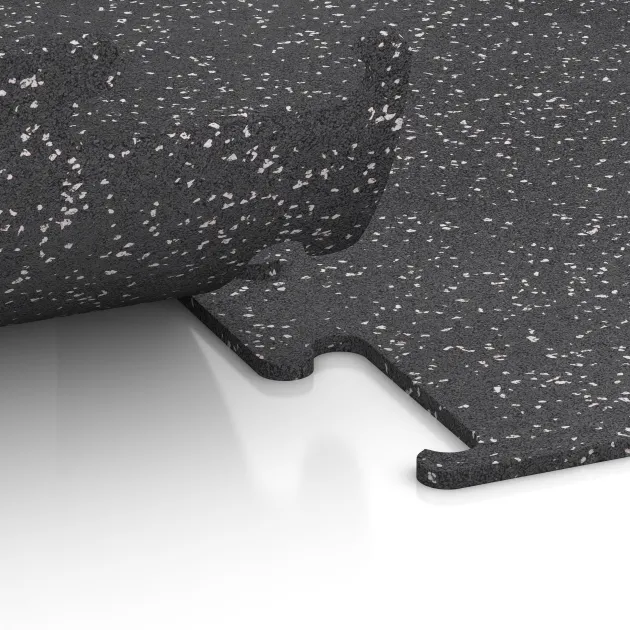 Großaufnahme vom Verbindungssystem von WARCO-Boden 3779 - Fitness Performance Elite Training Floor im Farbdesign Light Grey Speckled. Abmessungen 500 x 500 x 10 mm.