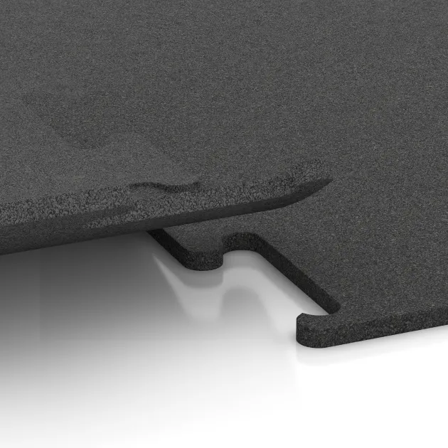 Großaufnahme vom Verbindungssystem von WARCO-Boden 3750 - Fitness Performance Elite Training Floor im Farbdesign Anthracite. Abmessungen 500 x 500 x 15 mm.