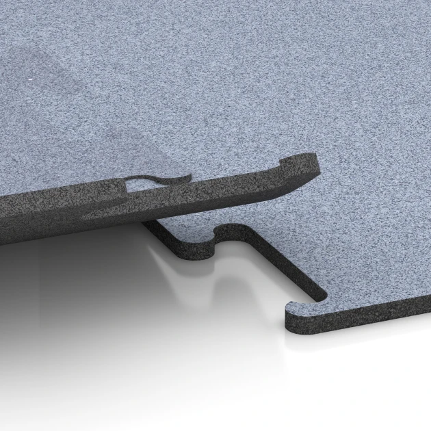 Großaufnahme vom Verbindungssystem von WARCO-Boden 6154 - Fitness Performance Elite Training Floor im Farbdesign Mist Grey. Abmessungen 50 x 50 x 1,5 cm | 0,25 m².