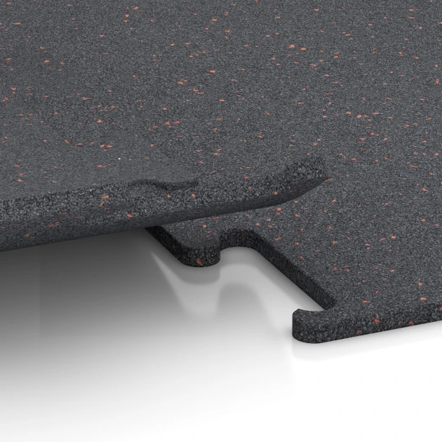 Großaufnahme vom Verbindungssystem von WARCO-Boden 3769 - Fitness Performance Elite Training Floor im Farbdesign Light Red Speckled. Abmessungen 50 x 50 x 1,5 cm | 0,25 m².