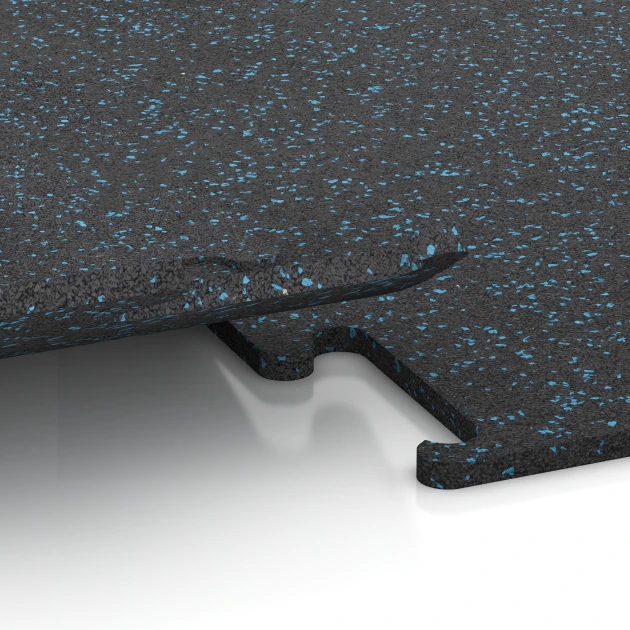 Großaufnahme vom Verbindungssystem von WARCO-Boden 3770 - Fitness Performance Elite Training Floor im Farbdesign Light Blue Speckled. Abmessungen 50 x 50 x 1,5 cm | 0,25 m².