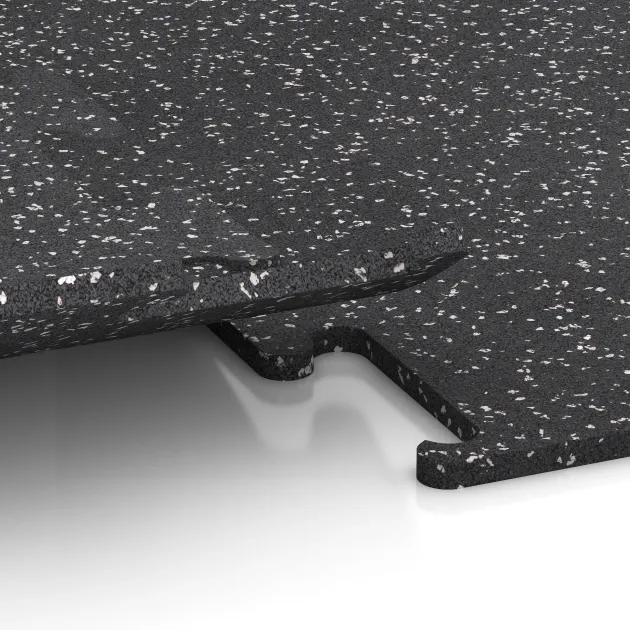 Großaufnahme vom Verbindungssystem von WARCO-Boden 3780 - Fitness Performance Elite Training Floor im Farbdesign Light Grey Speckled. Abmessungen 500 x 500 x 15 mm.