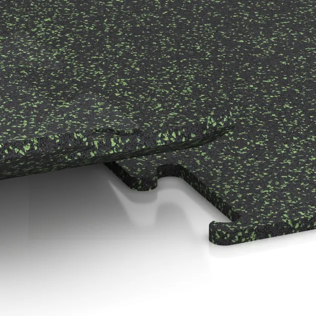 Großaufnahme vom Verbindungssystem von WARCO-Boden 3771 - Fitness Performance Elite Training Floor im Farbdesign Light Green Speckled. Abmessungen 500 x 500 x 15 mm.