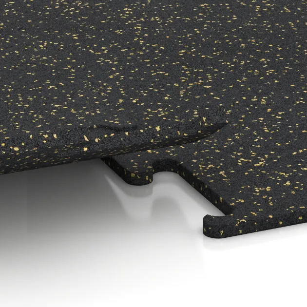 Großaufnahme vom Verbindungssystem von WARCO-Boden 3768 - Fitness Performance Elite Training Floor im Farbdesign Light Yellow Speckled. Abmessungen 500 x 500 x 15 mm.