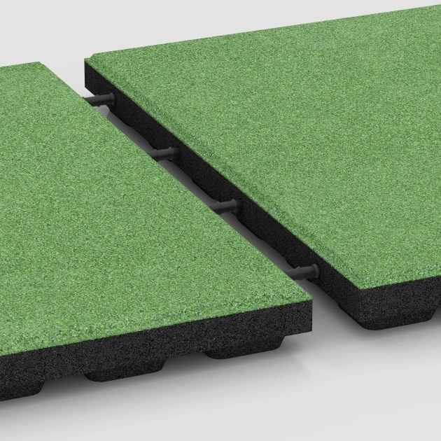 Großaufnahme vom Verbindungssystem von WARCO-Boden 6133 - Playground safety tile – CFH 125 cm im Farbdesign Linden green. Abmessungen 50 x 50 x 4 cm.