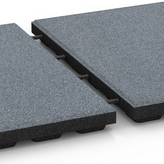 Großaufnahme vom Verbindungssystem von WARCO-Boden 6134 - Playground safety tile – CFH 125 cm im Farbdesign Graphite grey. Abmessungen 50 x 50 x 4 cm.