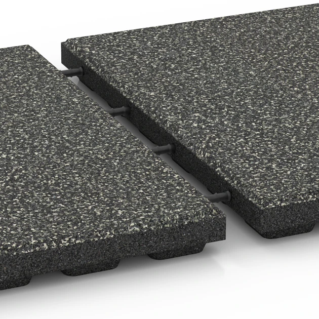 Großaufnahme vom Verbindungssystem von WARCO-Boden 6422 - Playground safety tile – CFH 120 cm im Farbdesign Dark Grey Granite. Abmessungen 50 x 50 x 4 cm.