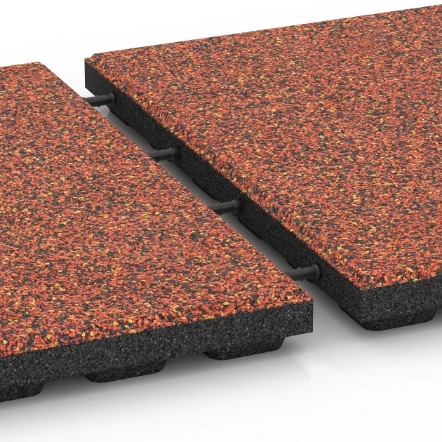 Großaufnahme vom Verbindungssystem von WARCO-Boden 6426 - Playground safety tile – CFH 120 cm im Farbdesign Embers. Abmessungen 50 x 50 x 4 cm.