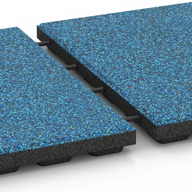 Großaufnahme vom Verbindungssystem von WARCO-Boden 6429 - Playground safety tile – CFH 120 cm im Farbdesign Atlantic. Abmessungen 50 x 50 x 4 cm.