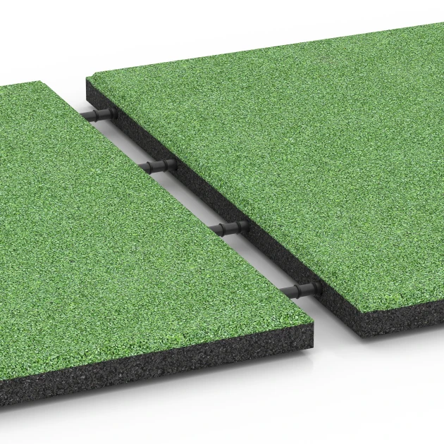 Großaufnahme vom Verbindungssystem von WARCO-Boden 6129 - Playground Safety Tile – 95 cm im Farbdesign Linden green. Abmessungen 50 x 50 x 3 cm.