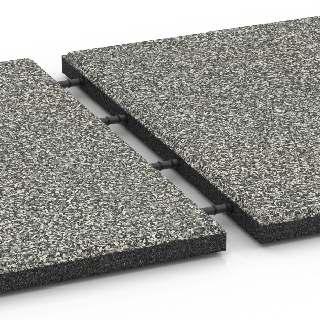 Großaufnahme vom Verbindungssystem von WARCO-Boden 6414 - Playground safety tile – CFH 90 cm im Farbdesign Grey Granite. Abmessungen 50 x 50 x 3 cm.