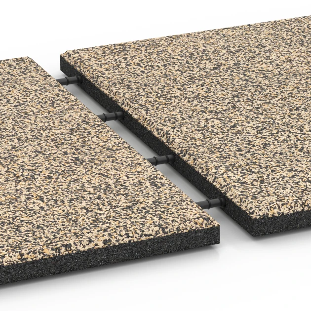 Großaufnahme vom Verbindungssystem von WARCO-Boden 6419 - Playground safety tile – CFH 90 cm im Farbdesign Travertine. Abmessungen 50 x 50 x 3 cm.