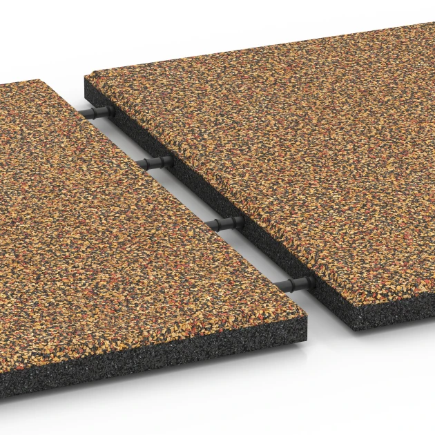 Großaufnahme vom Verbindungssystem von WARCO-Boden 6416 - EPDM Playground Safety Tile – 90 cm im Farbdesign Terracotta. Abmessungen 50 x 50 x 3 cm | 0,25 m².