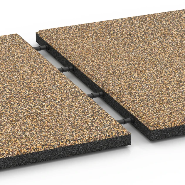 Großaufnahme vom Verbindungssystem von WARCO-Boden 6421 - EPDM Playground Safety Tile – 90 cm im Farbdesign Rattan. Abmessungen 50 x 50 x 3 cm | 0,25 m².