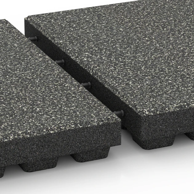 Großaufnahme vom Verbindungssystem von WARCO-Boden 6440 - Playground safety tile – CFH 210 cm im Farbdesign Dark Grey Granite. Abmessungen 50 x 50 x 7 cm.