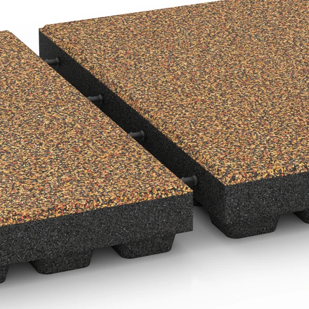 Großaufnahme vom Verbindungssystem von WARCO-Boden 6443 - Playground safety tile – CFH 210 cm im Farbdesign Terracotta. Abmessungen 50 x 50 x 7 cm.